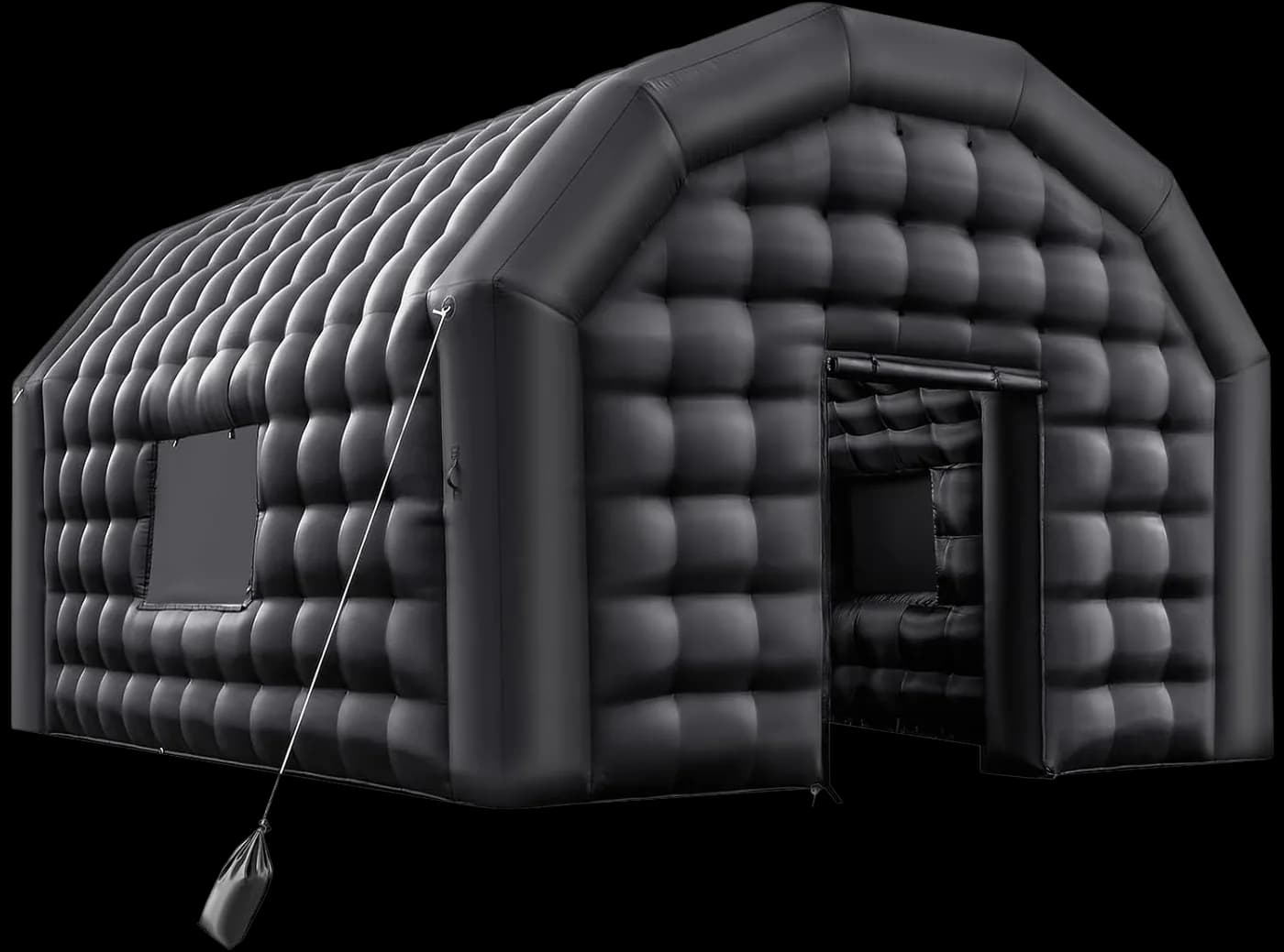 The Small club: a black quilted inflatable nightclub with a door and a side window