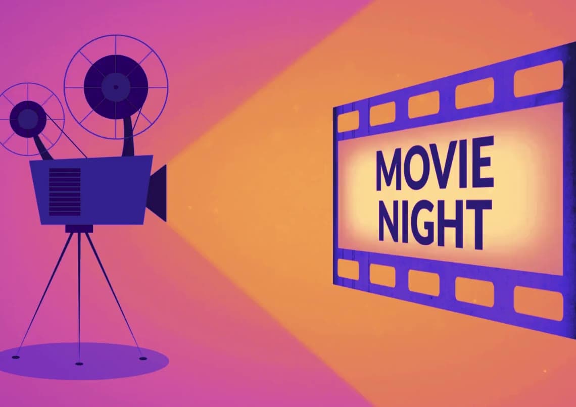 An animated film projector beaming Movie Night onto a screen